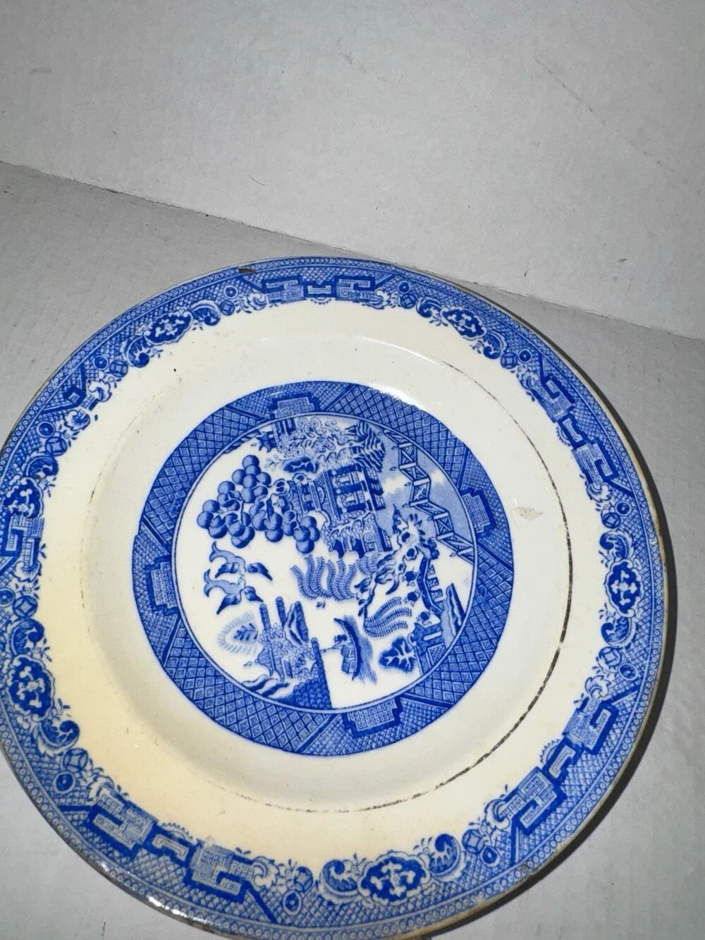 Vintage Blue Willow 8” Plate Blue White Transferware Unmarked Asian Scene